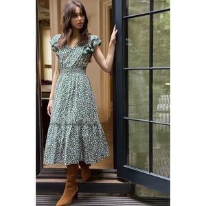 Draper James Meg Midi Dress Green M White Flowers Smocked Waist Short Sleeve